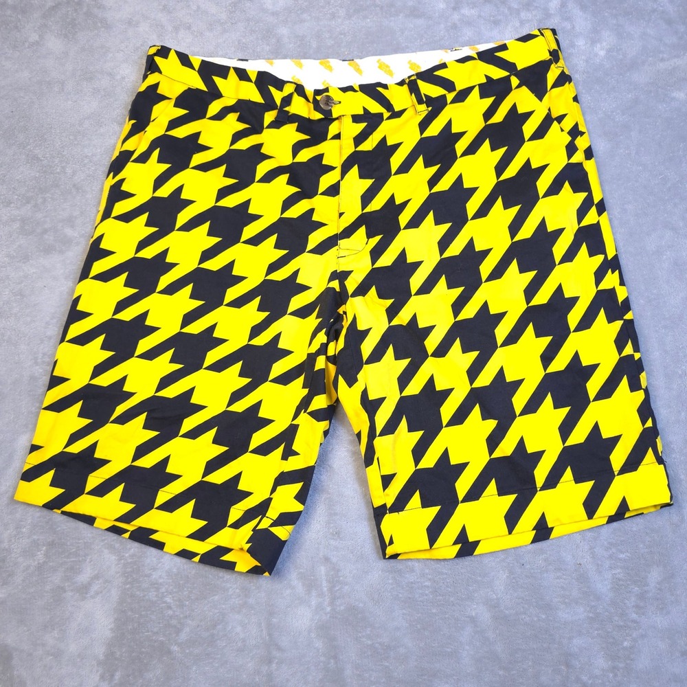 Loudmouth Golf Shorts Mens 42 Yellow Black Houndstooth Pattern Statement Preppy